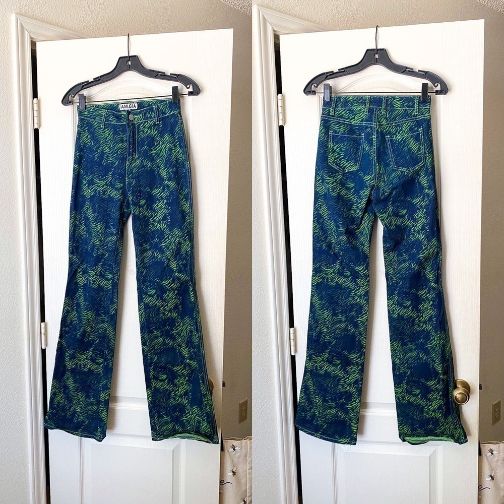 I.AM.GIA Pant Tali‎ Denim Flare Animal Print High-Rise Green Tiger XS EUC